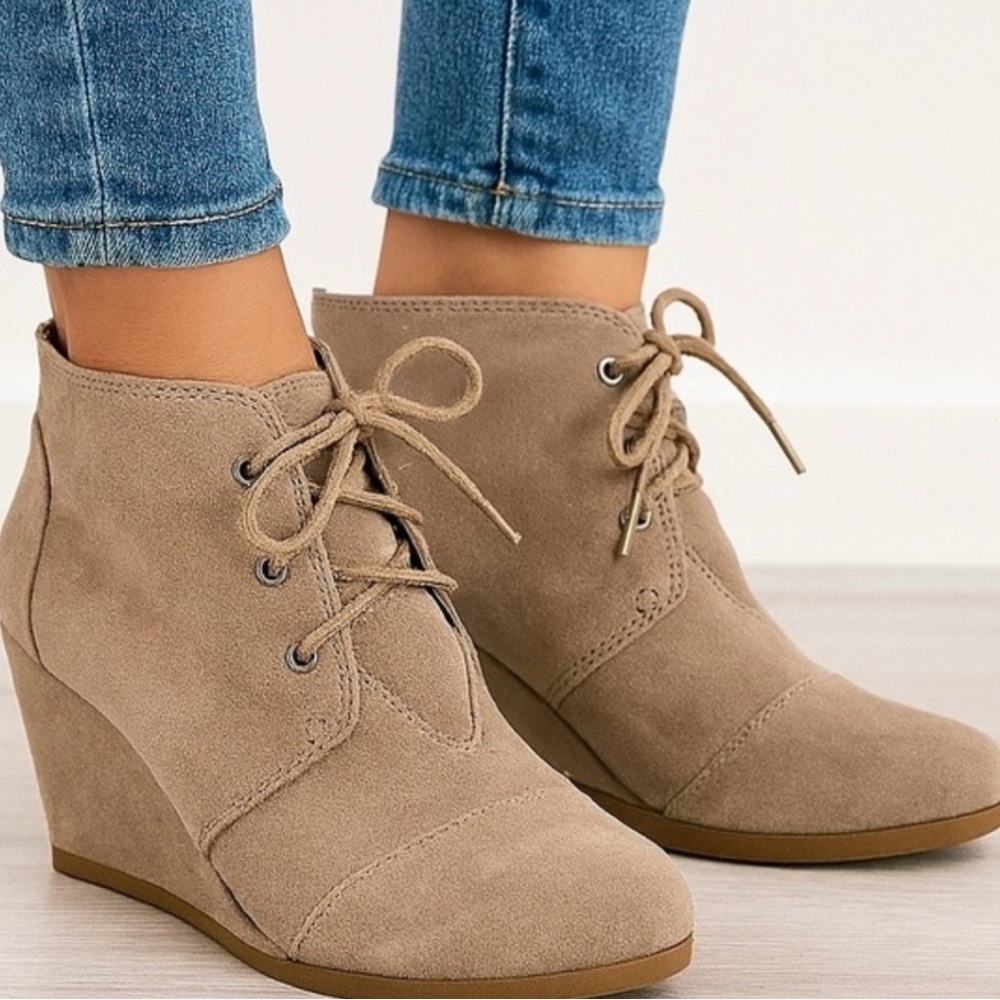 Toms Neutral Suede Leather Desert Wedge Booties